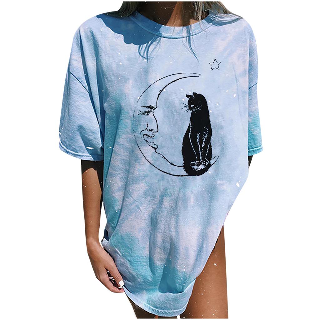 Women's Vintage Sun And Moon Printed Tie-dye Casual Short Sleeve Tops Blouse