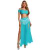 Womens Chiffon Wide Leg Pants Sequins Tassel Slit Belly Dance Culottes Cold Shoulder Crop Top Rhinestone Waist Set