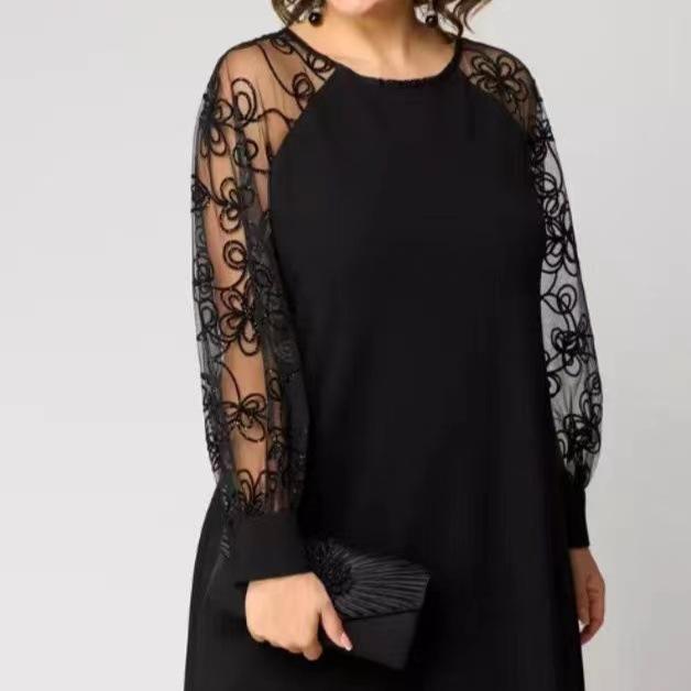 Women's Round Neck Long Sleeve Midi Dress Loose A-Line High Waist Solid Mesh Lace Splicing Elegant Plus Size Casual Dress