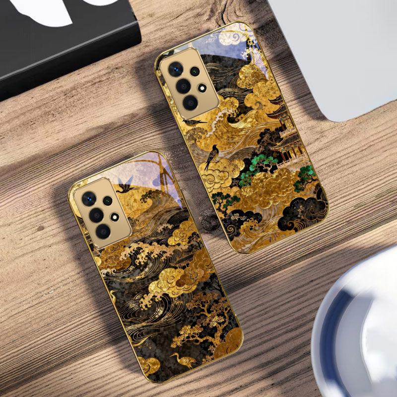 Golden Surging Waves For Samsung A 01 52S A04 A05S A10 A12 A13 22 23 24 36 42 M02 Note 10 20Ultra 8 9 Golden Glass Phone Case