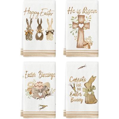 Happy Easter Bunny Kitchen Towels Set Of 2 Borwn He Is Risen Dish Towels Spring Holiday Decorative Hand Towels  18x26in