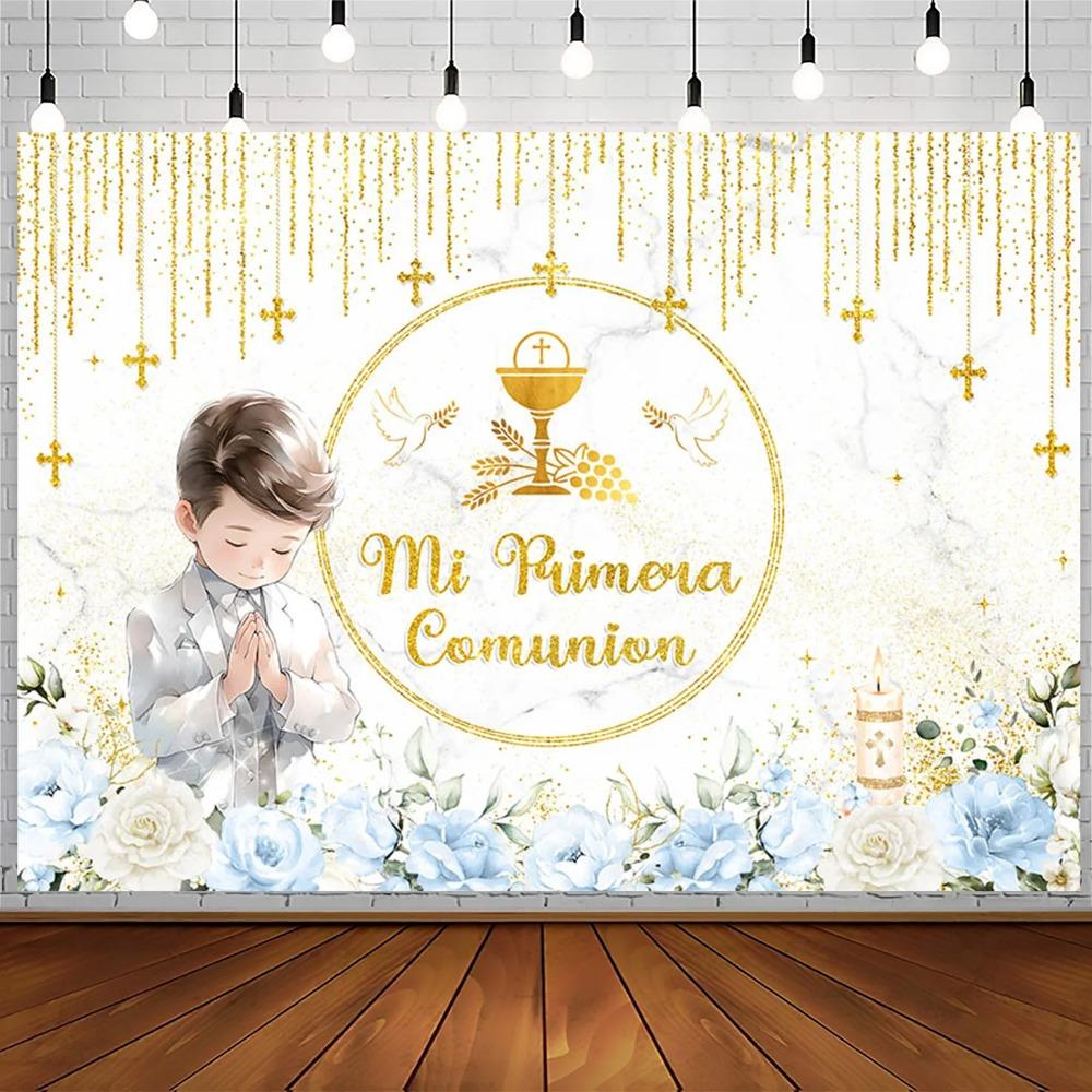 First Holy Communion Backdrop Flowers Gold Cross Boy My Baptism Party Decoration Banner Kids God Bless Photography Background Vinyl 75X50cm
