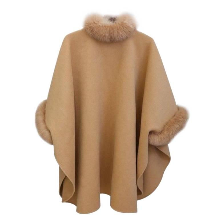 Women's Hepburn Style Wool Coat with Large Rabbit Fur Collar - Autumn/Winter Mid-Length Cape Shawl, Plus Size Available.