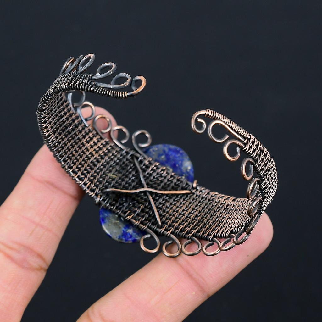 Natürlicher Lapislazuli Edelstein Handgemachter Kupferdraht Wickelarmreif Verstellbar T5L55