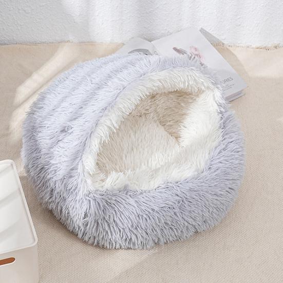 Pet Shell Nest Bed Warm Calming Cat Cave Bed with Hooded Cover Semi Enclosed Fluffy Plush Lined Round Bed for Small Medium Pets