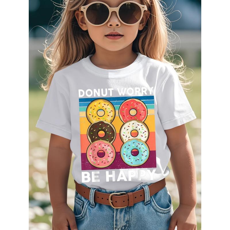 European sizes Funny Donut Worry Be Happy Doughnut Graphic Cotton T-Shirt - Cute Sprinkle & hole-in-the-middle donut 110