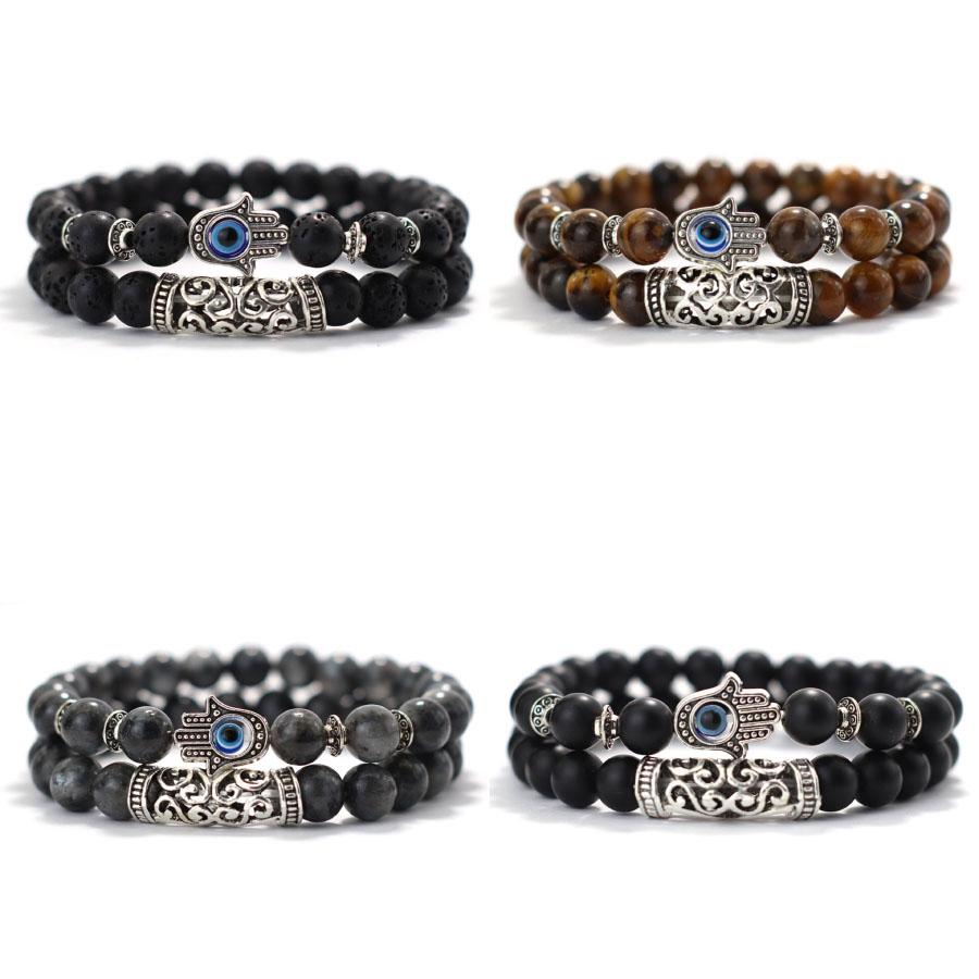 Retro Fatima Hand Bracelet Set Men 8mm Volcanic Rock Tiger Eyes Sodalite Stone Energy Healing Braslet Gourmette Homme Pulseria