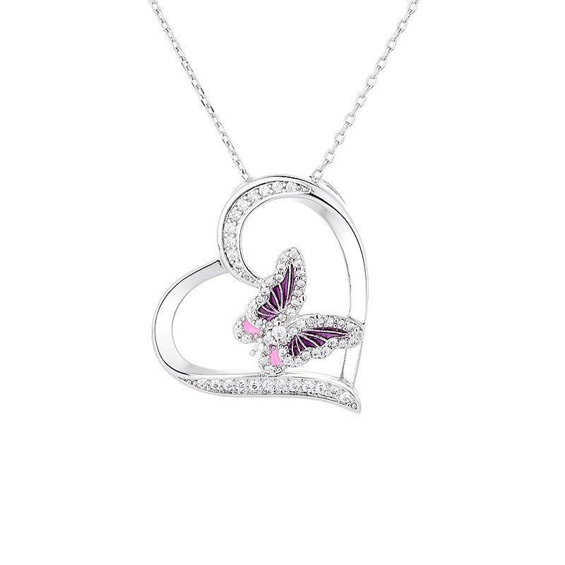 Women s Heart & Butterfly Rhinestone Pendant Necklace