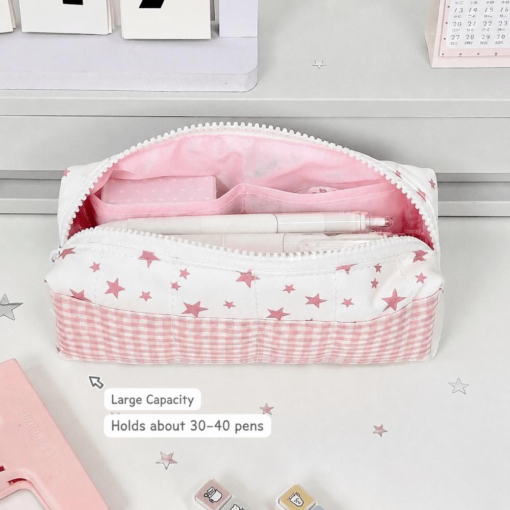 Large Capacity Pencil Case Pink Star Gingham Pencil Pouch Kawaii Stationery Bag  Gift