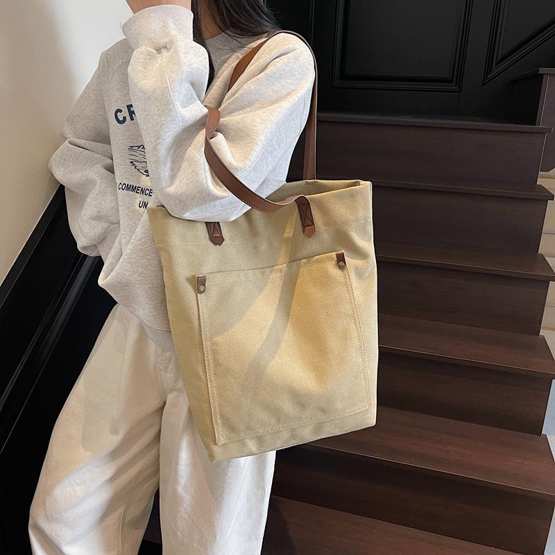 

Large Capacity Tote Bag Women s Solid Color Canvas Shoulder Bag коричневий