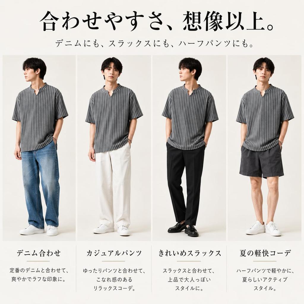 [KOTRBOY] Men's Short-Sleeve T-Shirt, Summer Clothing, Thin Stripe V-Neck Loose Fit Textured Casual Top, Spring/Summer, Breathable, Soft, Plus Sizes,