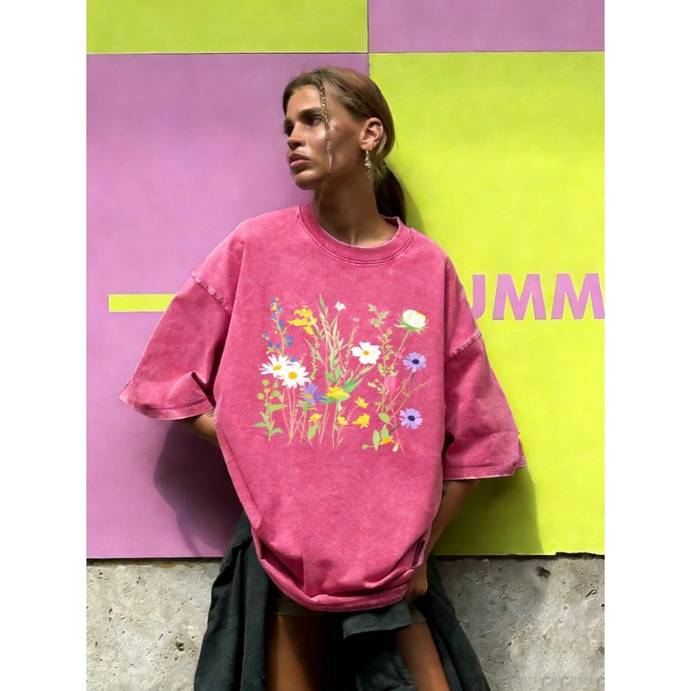 Various Flowers And Green Leaves Design Washed T-Shirt Women Cotton Vintage Short Sleeves Sportswear Summer T Shirt