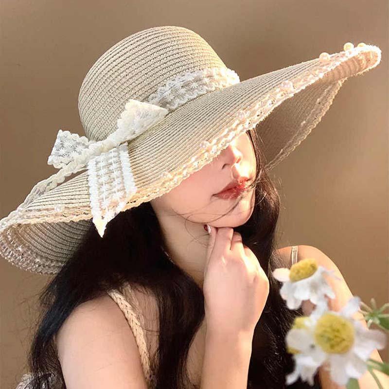 Summer New Hat Women's Lace Streamer Pearl Sun Hat Seaside Beach Sun Protection Sunshade Straw Hat