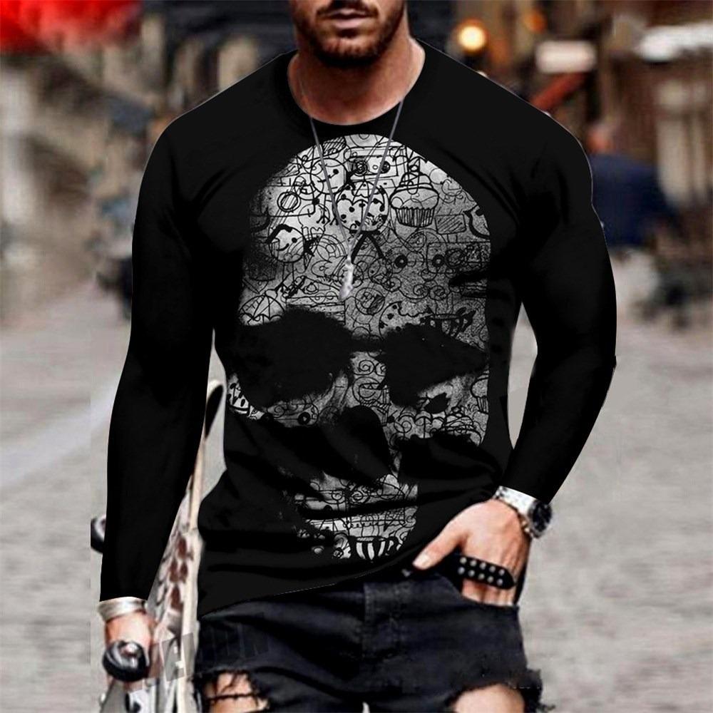 O-Neck Long Sleeve Plus Size T-shirt Men's Clothing Retro Men's Long Sleeve T-shirt 3D Printing Skull Long T-shirt Men's Street