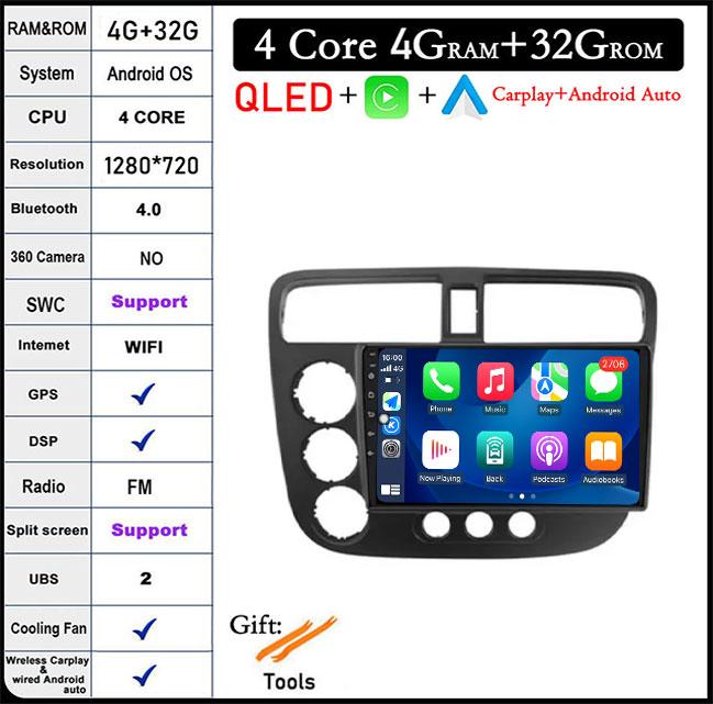 9 Lnch For Honda Civic 7 2000-2006 QLED Android 14 Car Radio Multimedia Video Player GPS AI Voice 4G CarPlay Head Unit Stereo