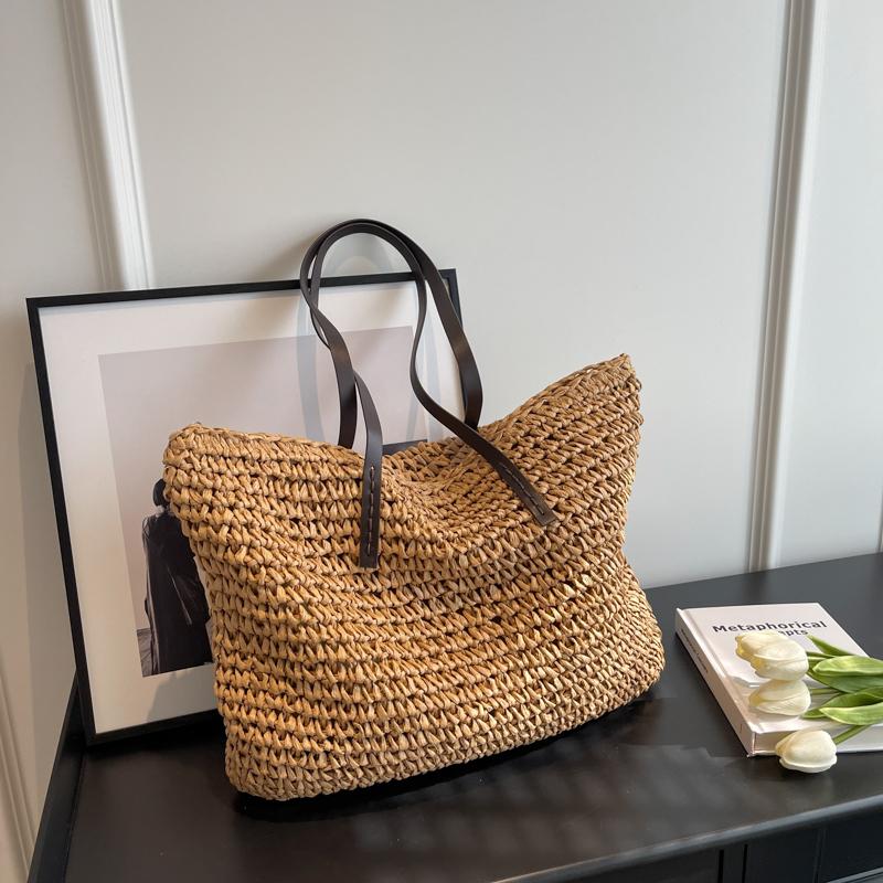 Luxury Design Straw Woven Tote Bags for Women Large Capacity Shoulder Beach Bag Pure Color Summer New Big Shopping Handbag
