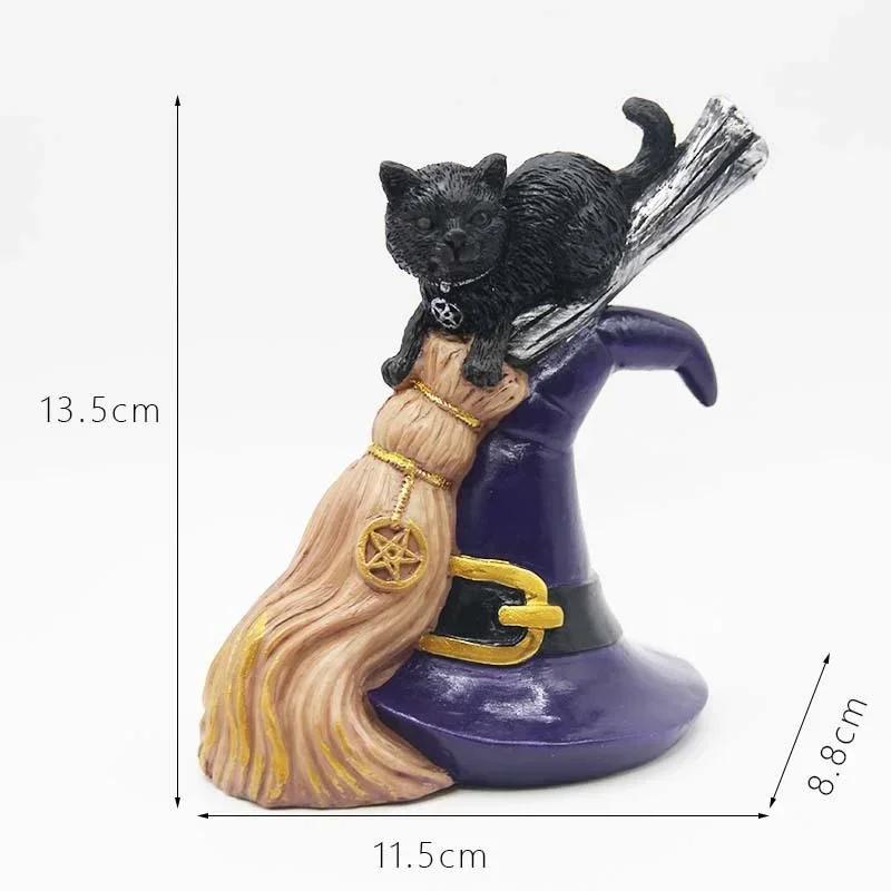 Cute Black Cat Ornament Broom Resin Crafts Figurine Table Art Gift Mini Gothic Home Decor Statues Halloween Desktop Decoration