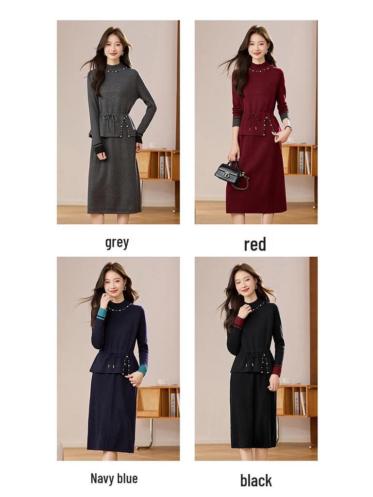 2026 Beaded Knit Sweater Dress - Women's Mid-Length Autumn Winter Solid Color Vest Dress
