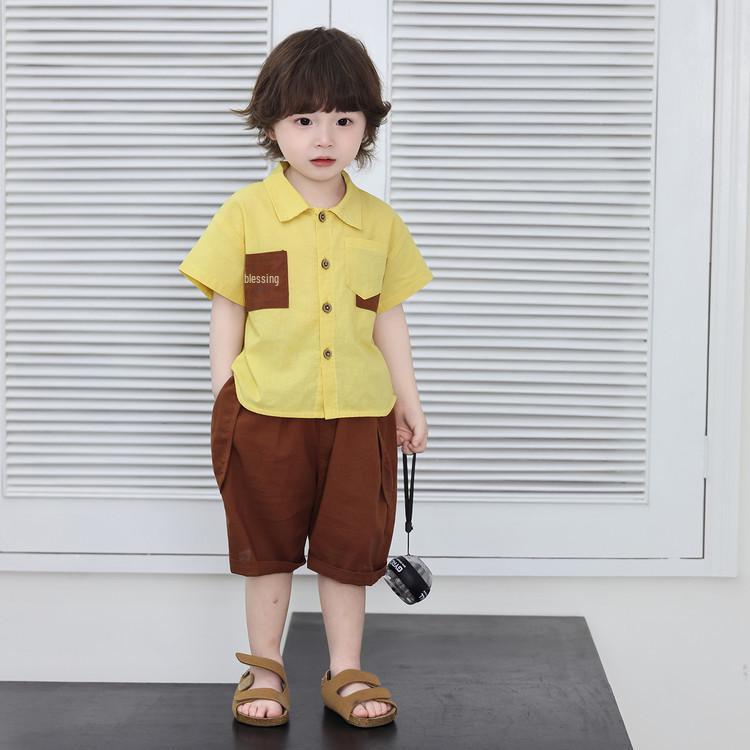 Boys Fashion Cotton Linen Two-Piece Set: Color Block Shirt with Pocket & Shorts, Summer 2026 Edition 100 cm