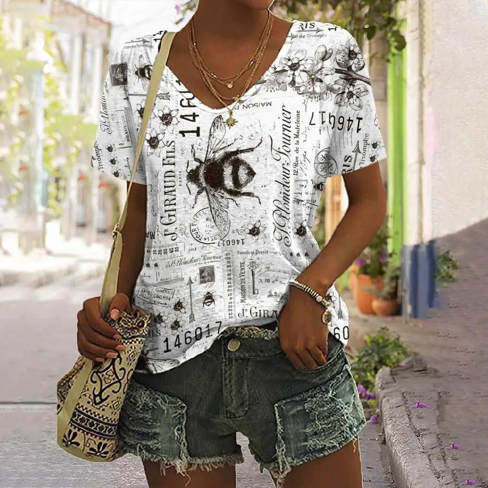 Personalized Retro Women Clothing 3D V-neck Short-sleeved Old Newspaper Print Summer Women Clothing T-shirt Street Harajuku Top