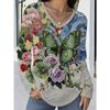 Women's Retro Floral Butterfly Print V-neck Long-sleeved Top Is Loose and Covers the Flesh and Looks Slimming