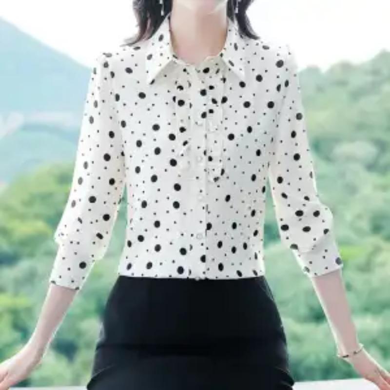 Women's Premium Polka Dot Print Long Sleeve Shirt Ruffle Trim Satin Blouse Elegant Casual Spring Autumn Top