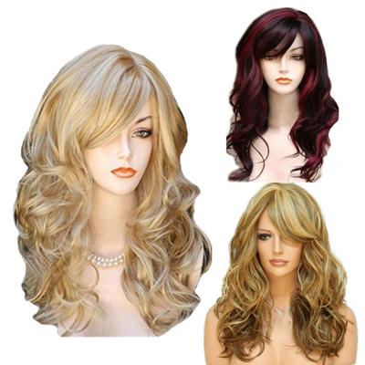 Lange lockige Damenperücke mit Pony, natürlich aussehende hitzebeständige Hochtemperaturfaser, gelb, weinrot, blond, gewelltes Kunsthaar