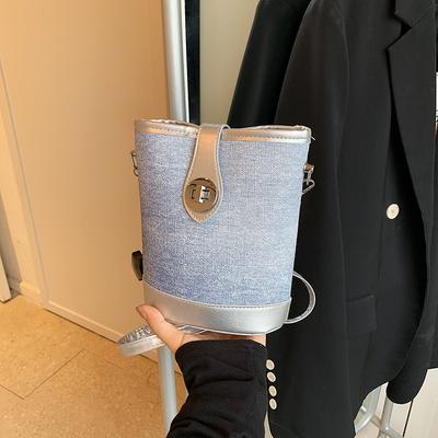 Simple Casual Bucket Bag Women's 2025 New Trendy Denim Splicing Shoulder Bag Niche Fashion Women's Bag