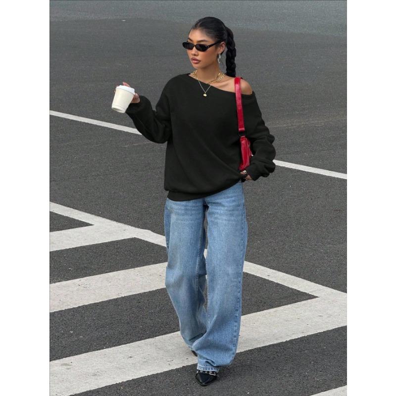 Women S Loose Off Shoulder Solid Color Pullover Sweatshirt