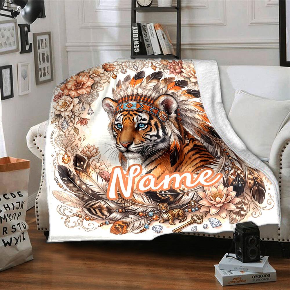 Tiger Spirit In Flowers Customize Your Name Home Blanket Tiger Spirit With Feathers And Flowers Comfortable Soft Lightweight Allseason Multipurpose