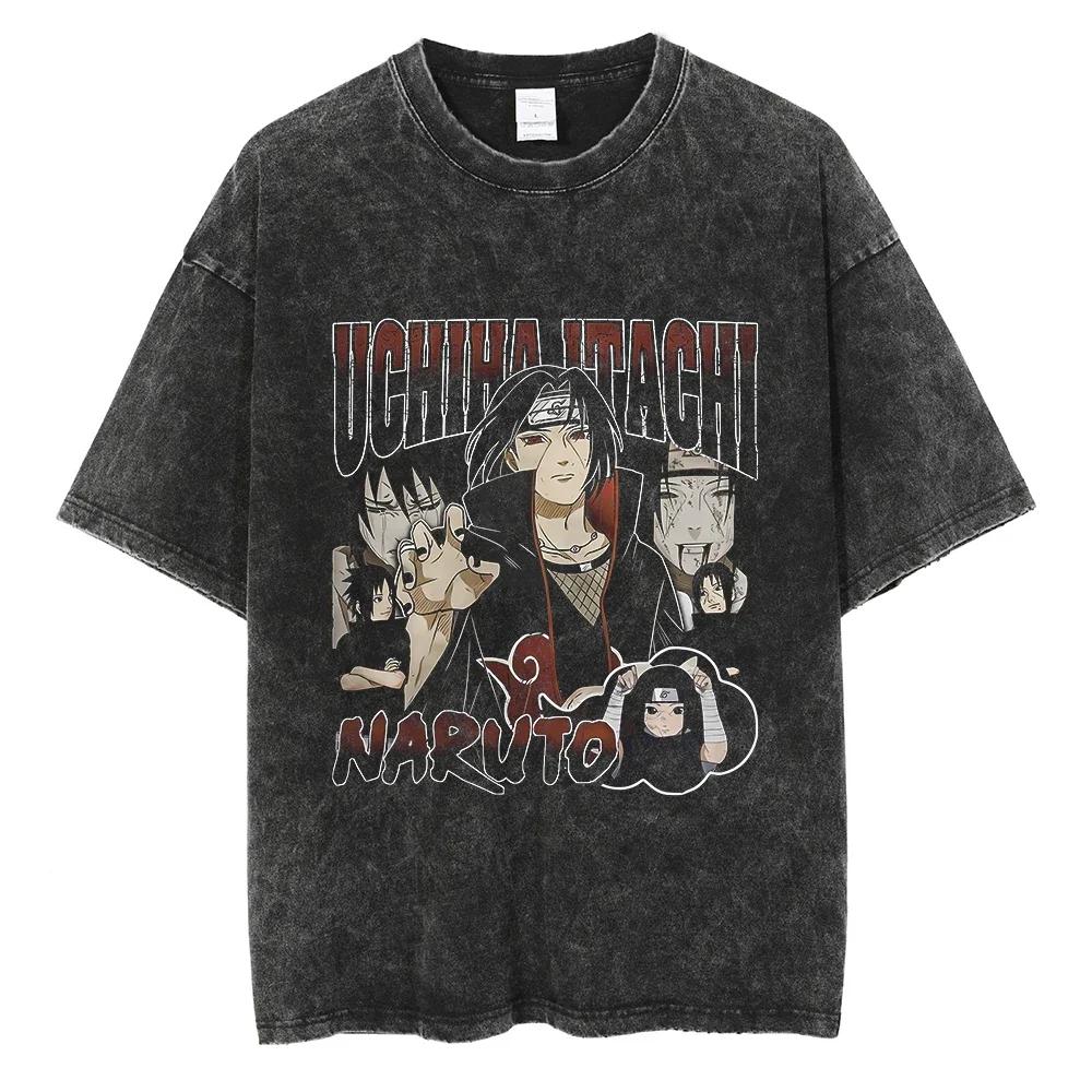 Harajuku Streetwear Vintage TShirt Japanese Anime Naruto Oversize T Shirt Washed Black Tshirt Men Summer Cotton Top Tees