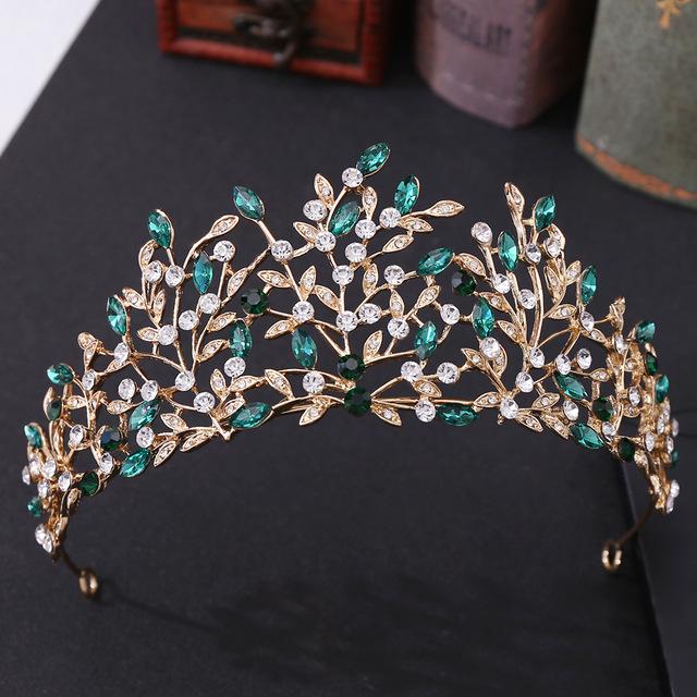 Baroque Vintage Gold Green Crystal Leaf Bridal Tiaras Crown Rhinestone Pageant Diadem Bride Headbands Wedding Hair Accessories