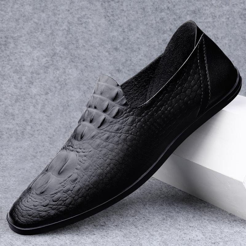 

Men s shoes 2025 new summer men s crocodile pattern business leather shoes British round head soft sole casual lazy Doudou shoes 38 чёрный