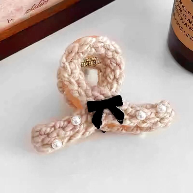 Elegante handgemachte Strickgarn-Bögen Haarklammern Damen Haarschmuck Koreanische mittelgroße Perlenspange Herbst Winter Kopfbedeckung