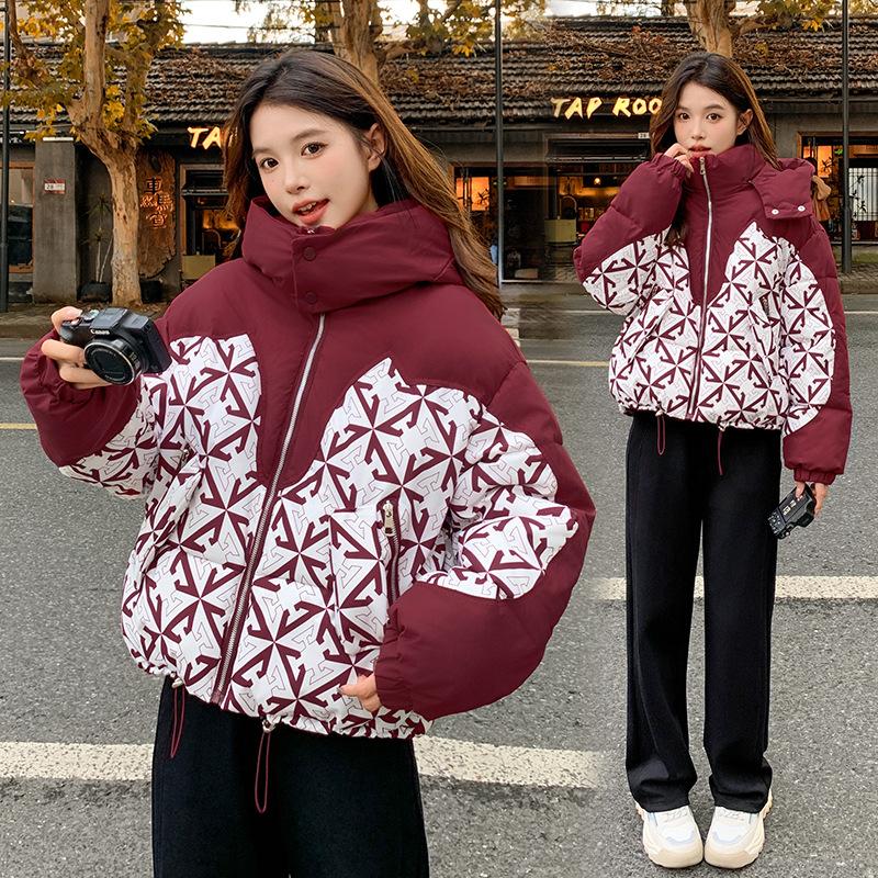 Short Cotton Jacket Women's Winter 2025 New Design Print Splicing Thickened Design Explosive Jacket