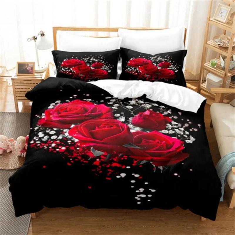 Red Rose Flowers Bedding Set Fashion Duvet Cover Gift For Women Girls Twin Single Queen King Full Size Polyester Duvet Cover Set