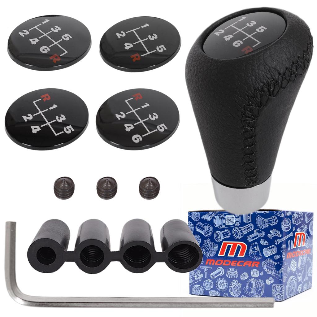 Universal Gear Shift Knob, Black Leather & Chrome, with 5 and 6 Speed Shift Pattern Emblems, Set