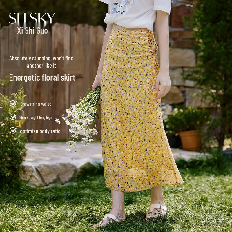 Sllsky Women s High-Waist Floral Midi Skirt L