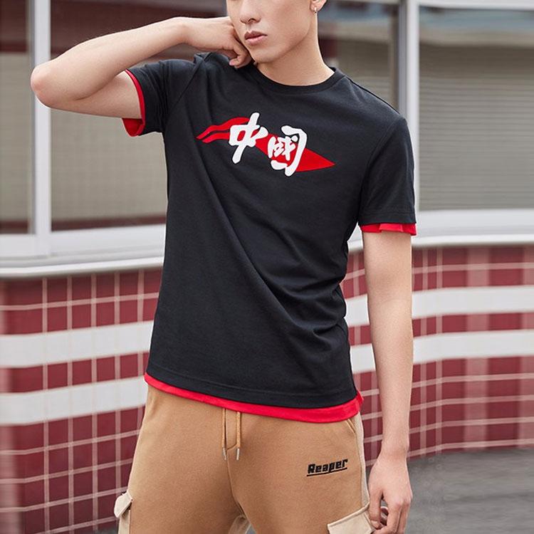 Li Ning Logo Velký potisk Kulatý výstřih Krátký rukáv Pánská trička Černá AHSP487-2