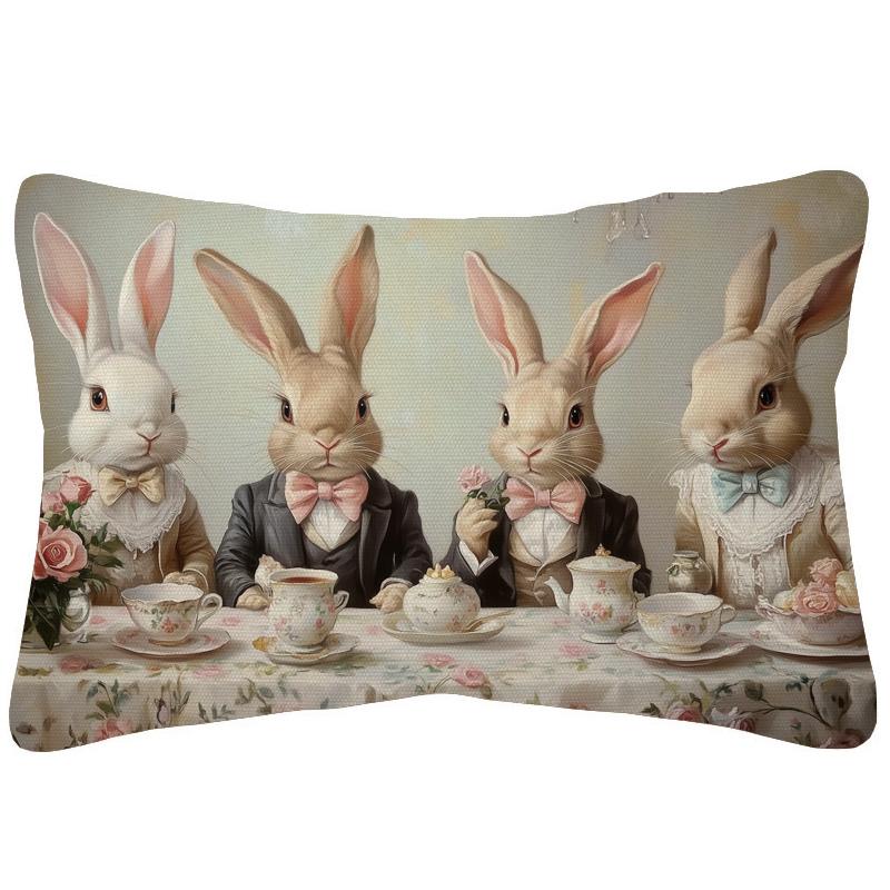 Vintage Easter Girl Cushion Cover Victorian Rabbit Bunny Portrait Print Decorative Pillow Case