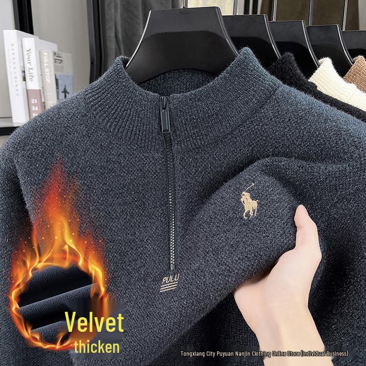 Men s Ferret Fur Velvet High-Neck Sweater - Thick Knit, Half-Zip, Warm Base Layer XL