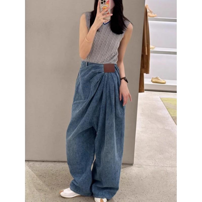Women's Spring/Summer Design-Forward Oversized Wide-Leg Denim Pants with Drape and Floor-Sweeping Hem