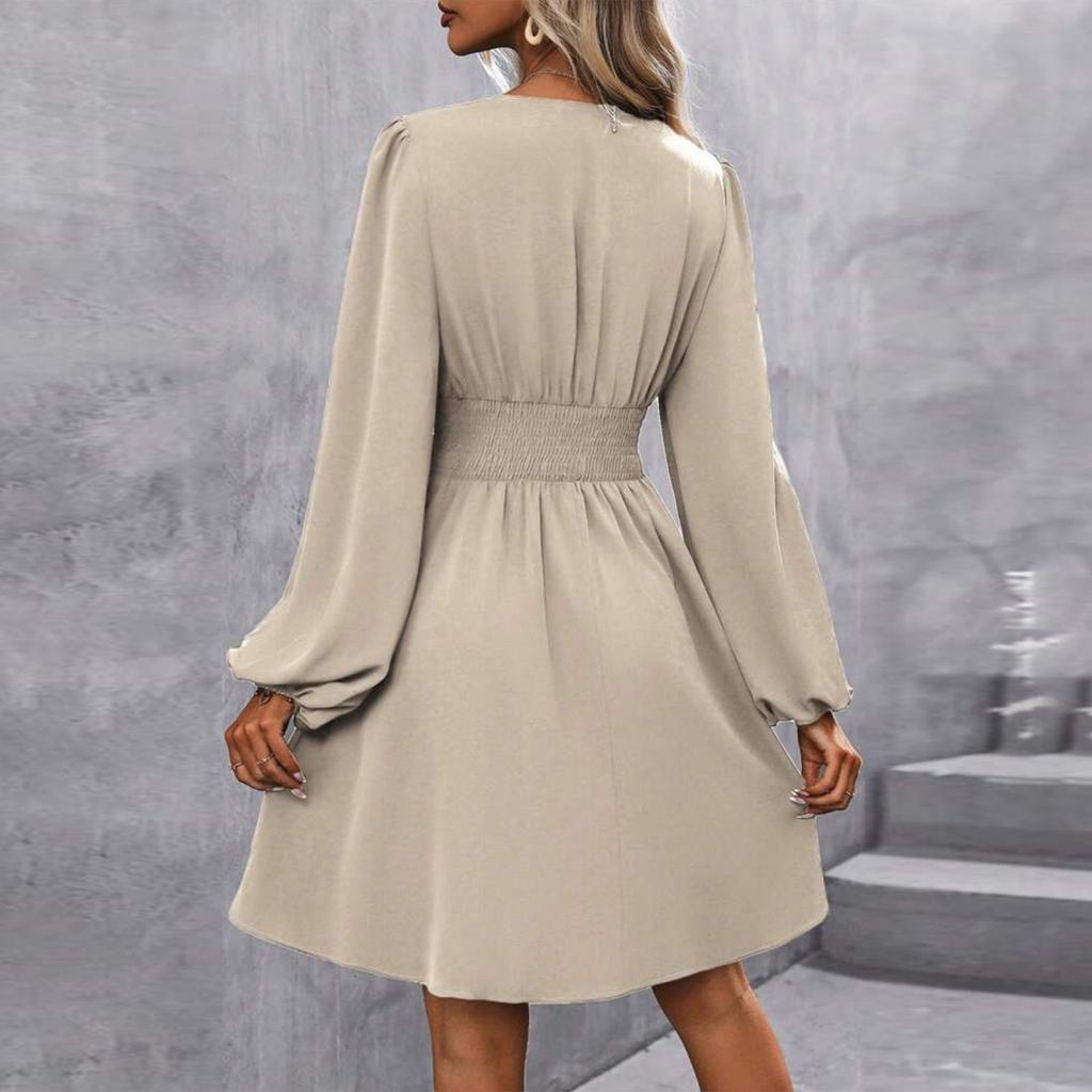 Dámské módní jednobarevné plisované univerzální šaty s dlouhým rukávem a výstřihem do V