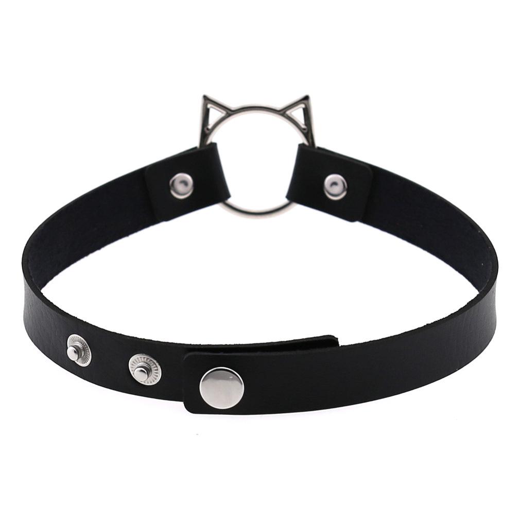 Cat Ear O-Ring Choker Necklace Punk PU Leather Collar for Women Harajuku Jewelry
