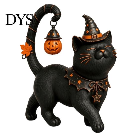 Niedliche Hexenkater-Skulptur für den Garten Halloween Schwarz Mit Hut Figur, Harzstatue Sammlerstücke Schreibtischregal, Gruselige Heimdekoration, Geschenk