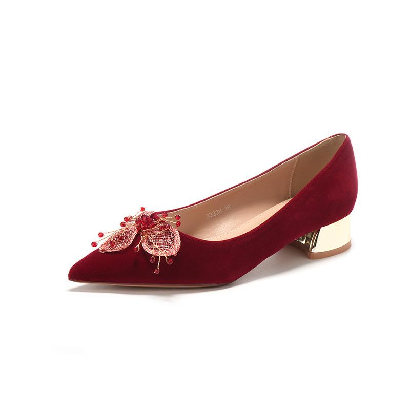 

Туфли на низком каблуке из замши с острым носком красного цвета на высоком каблуке праздничные свадебные туфли банкетные туфли удобные темпераментные женские туфли 40