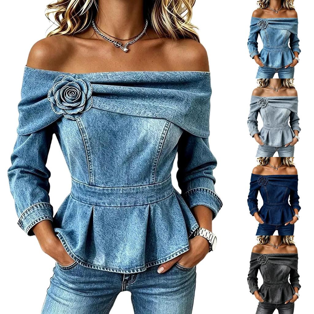 Women's Off Shoulder Denim Top with Floral Embellishment, Waist-Cinching Slimming