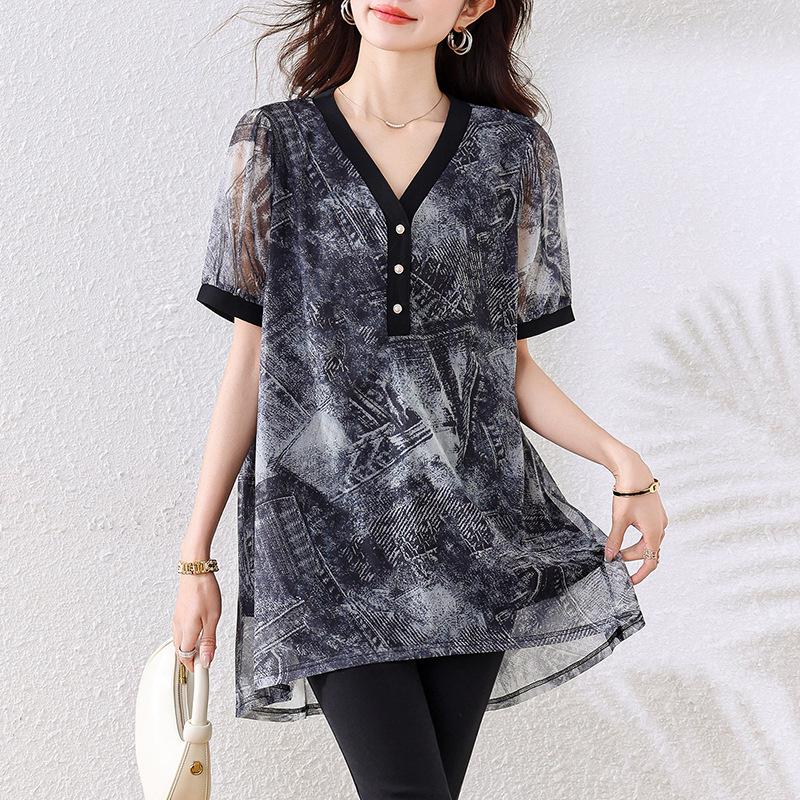 Plus-Size V-Neck Ink Print Summer Shirt – Fat Girls' Loose Fit, Belly Cover, Medium-Length – Women's Top, 200 Jin