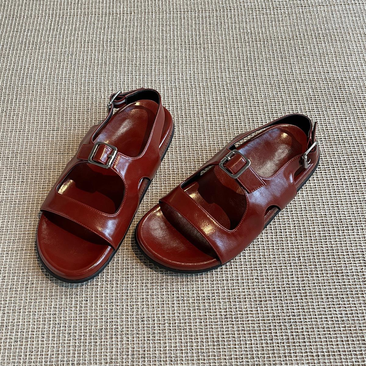 

Женские летние сандалии с открытым носком и пряжкой в стиле ретро из овчины, универсальные пляжные шлепанцы на плоской подошве 40