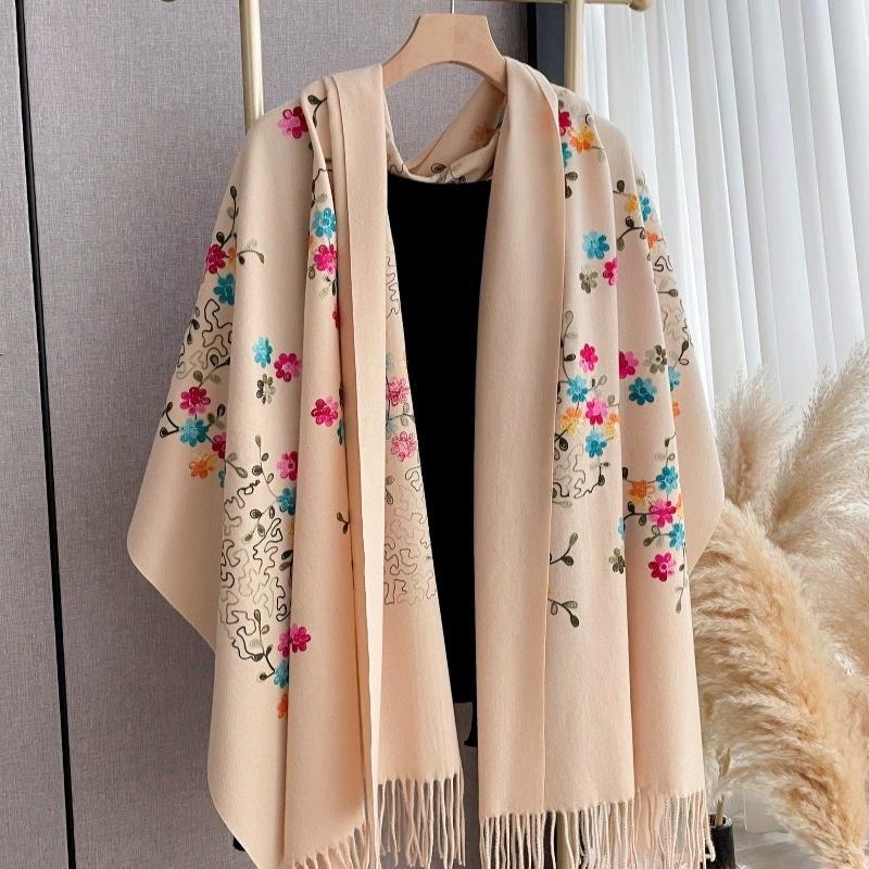 Women Winter Warm Faux Cashmere Scarf Long Winter Embroidered Floral Pattern Cold-Proof Shawls And Wraps